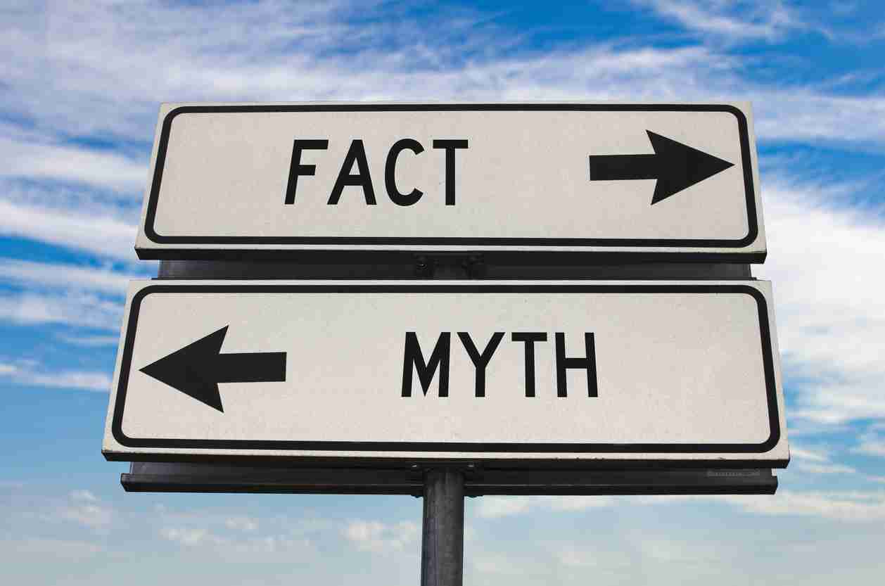 Road signs pointing to fact or myth